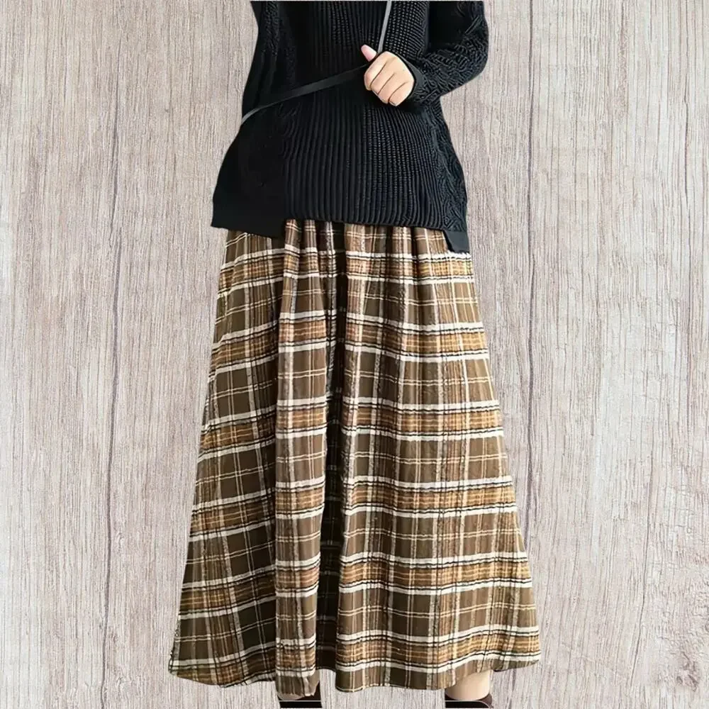 Brown Plaid ALine Midi Skirt Pockets S, M, L, XL Lagenlook Oversize Gathered NWT